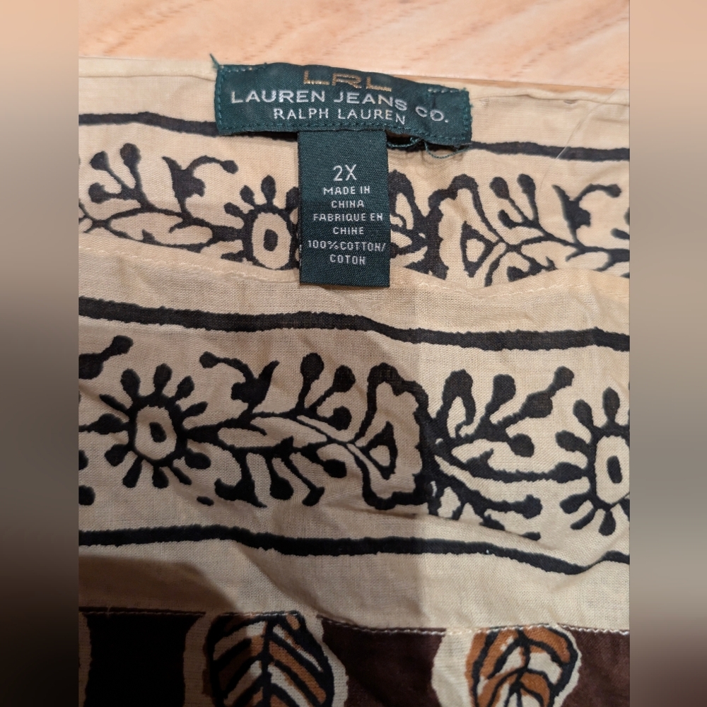 Lauren Ralph Lauren 2X Cotton Leaf Print Tunic Top Brown Boho Plus Size EUC - Picture 2 of 8